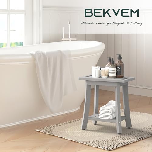 BEKVEM Waterproof Shower Benches for Inside Shower, Poly Lumber Shower Stool with Storage Shelf & Adjustable Feet, SPA Bathroom Seat Chair for Shaving Legs, Indoor or Outdoor Use, Grey - Image 2