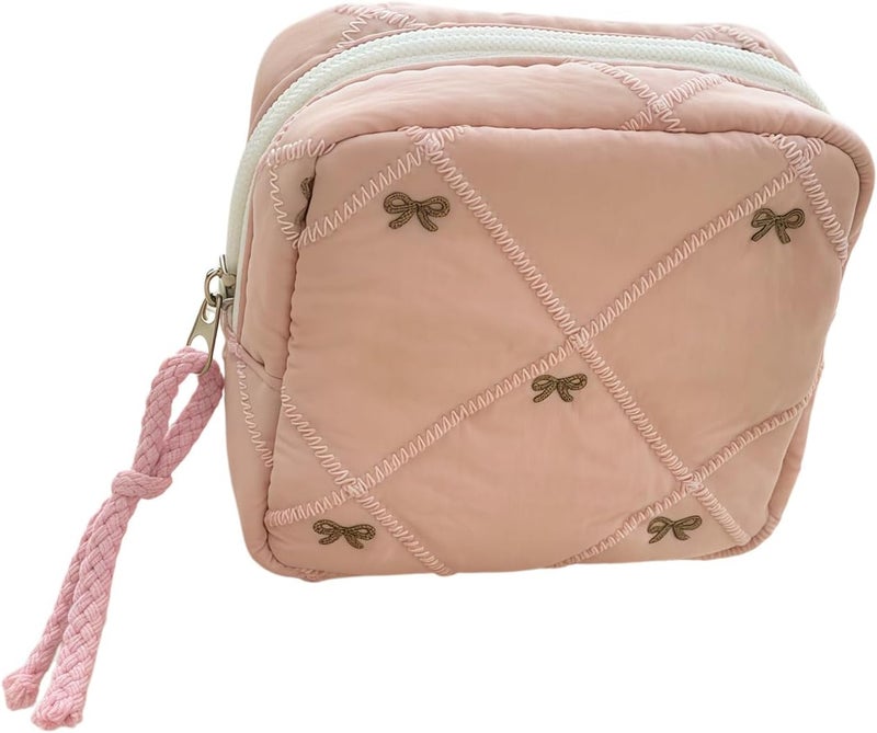 Quilted Fabric Sanitary Napkin Holder With Bow Decor Toiletry Bag For Travel And Daily Use - Image 1