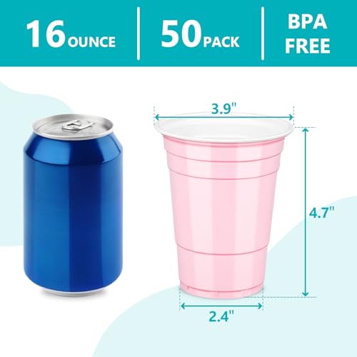 LANLISA 50 Light Pink Plastic Cups, 16 oz Disposable Cups, Drinking Cups For Birthday Party, Valentines, Baby Shower, Easter Party, Mothers Day - Image 2