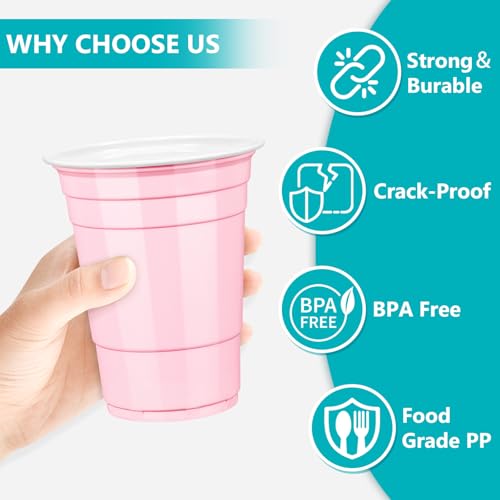 LANLISA 50 Light Pink Plastic Cups, 16 oz Disposable Cups, Drinking Cups For Birthday Party, Valentines, Baby Shower, Easter Party, Mothers Day - Image 5