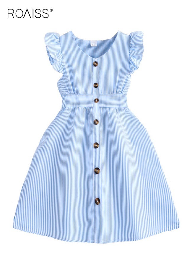 رويس فستان صيفي أنيق للبنات على شكل حرف A، فستان بأزرار بأكمام رفرف، فستان كاجوال ميدي صندي للبنات الصغيرات، مناسب للارتداء اليومي أو في أي مناسبة - Image 1