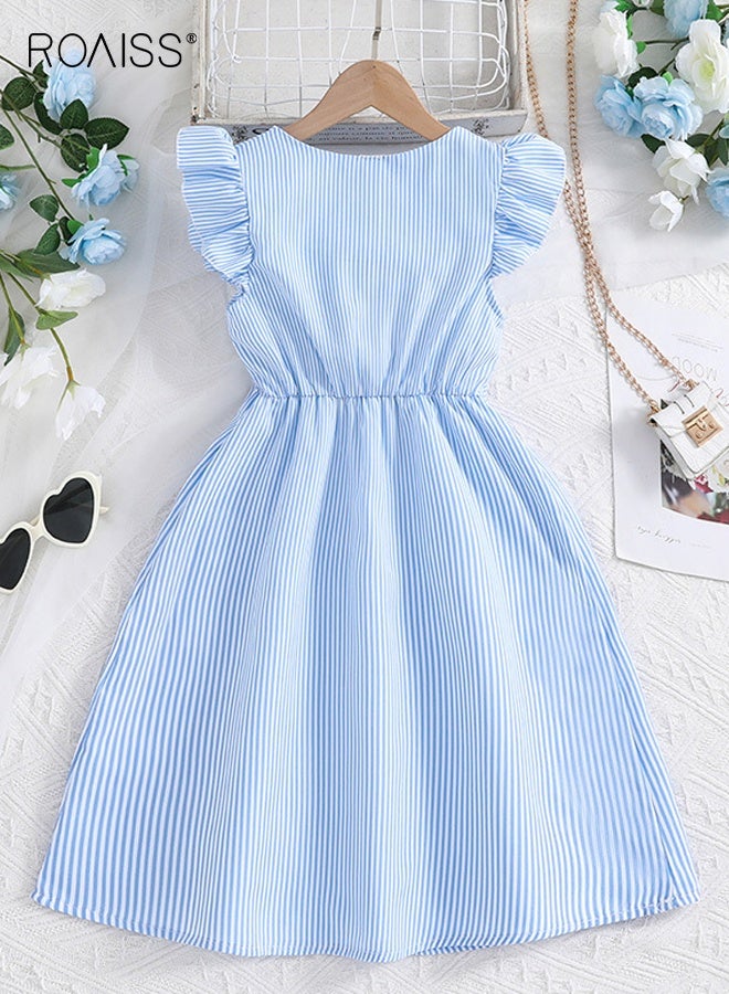 رويس فستان صيفي أنيق للبنات على شكل حرف A، فستان بأزرار بأكمام رفرف، فستان كاجوال ميدي صندي للبنات الصغيرات، مناسب للارتداء اليومي أو في أي مناسبة - Image 3