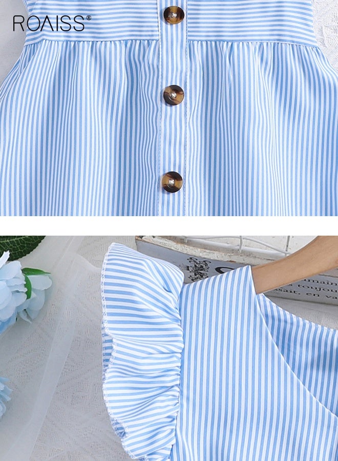 رويس فستان صيفي أنيق للبنات على شكل حرف A، فستان بأزرار بأكمام رفرف، فستان كاجوال ميدي صندي للبنات الصغيرات، مناسب للارتداء اليومي أو في أي مناسبة - Image 4