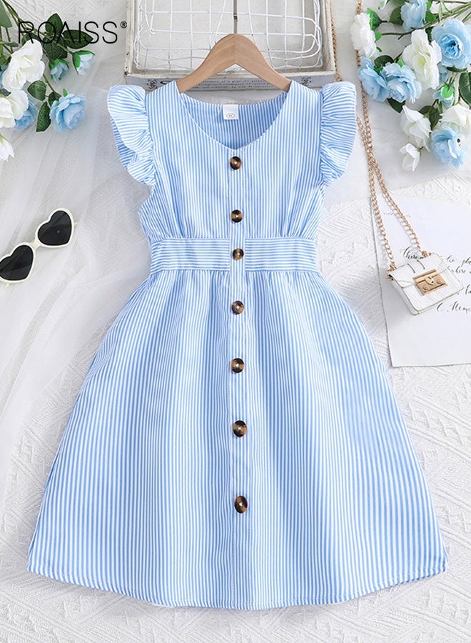 رويس فستان صيفي أنيق للفتيات بقصّة A-Line، فستان مخطط بأكمام واسعة، فستان صيفي كاجوال بطول متوسط للفتيات، بدلة للارتداء اليومي أو أي مناسبة - Image 1