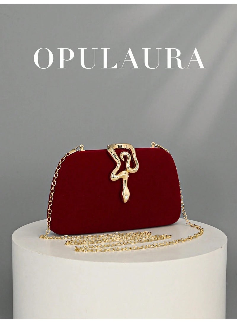 شنطة سهرة نسائية فاخرة باللون الأحمر المخملي مزينة بإبزيم ذهبي على شكل أفعى – حقيبة سهرة بتصميم أنيق مع سلسلة معدنية طويلة - Image 3