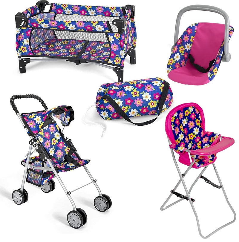 fash n kolor 4 Piece Baby Doll Play Set Flower Design Includes - Foldable Pack N Play, Baby Doll Stroller, Baby Doll High Chair, Infant Seat, Fits Up to 18'' Doll 4 Piece Doll Accessories Set - Image 1