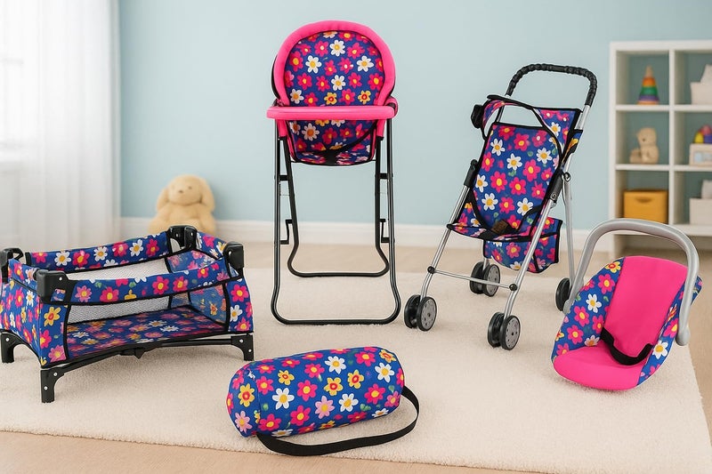fash n kolor 4 Piece Baby Doll Play Set Flower Design Includes - Foldable Pack N Play, Baby Doll Stroller, Baby Doll High Chair, Infant Seat, Fits Up to 18'' Doll 4 Piece Doll Accessories Set - Image 4