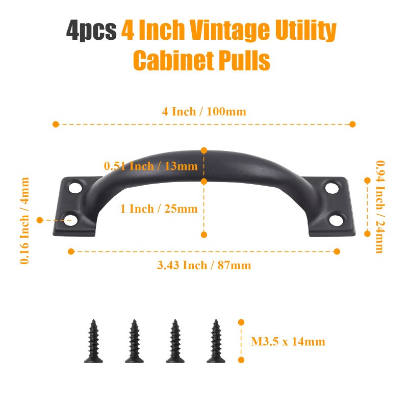 Bivethoi 4pcs 4 Inch Vintage Barn Door Pulls Utility Cabinet Handles, Screw in Drawer Pulls Black Gate Handles, Metal Garage Door Handles Outdoor Kitchen Hardware for Wooden Fence Cupboard Dresser - Image 2