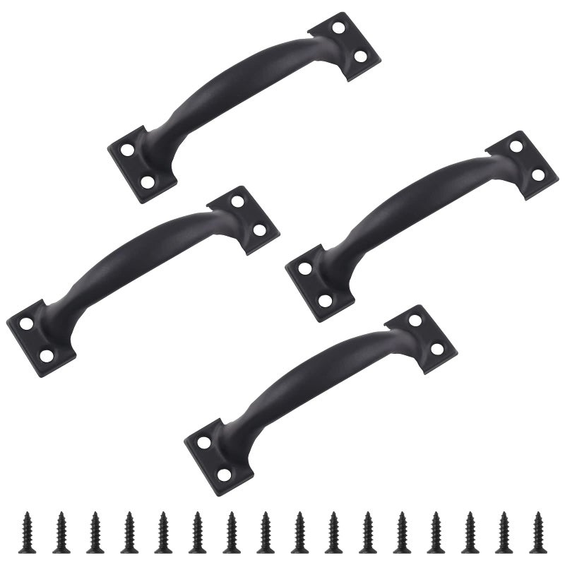 Bivethoi 4pcs 4 Inch Vintage Barn Door Pulls Utility Cabinet Handles, Screw in Drawer Pulls Black Gate Handles, Metal Garage Door Handles Outdoor Kitchen Hardware for Wooden Fence Cupboard Dresser - Image 1