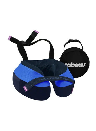 Cabeau The Neck's Evolution S3 Memory Foam Pillow | Chin & Neck Support, Keeps Mouth Closed, No Head Tilt, Comfiest, AirFlow Design & Seat Strap System, for Travel & Home, Washable Cover - Blue