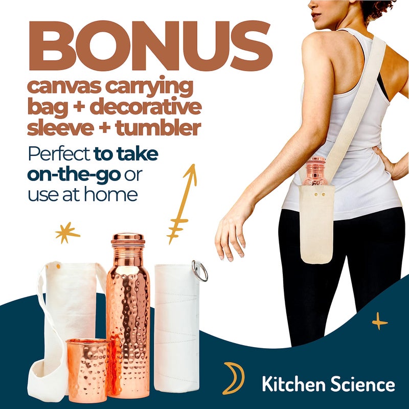 Kitchen Science Authentic Ayurvedic Copper Water Bottle (34oz/1000 ml) w/Copper Tumbler for Drinking Water, Carrying Bag & Deco Sleeve | Lab-Tested, Leak-Proof - Image 3