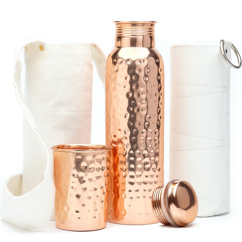 Kitchen Science Authentic Ayurvedic Copper Water Bottle (34oz/1000 ml) w/Copper Tumbler for Drinking Water, Carrying Bag & Deco Sleeve | Lab-Tested, Leak-Proof - Image 1
