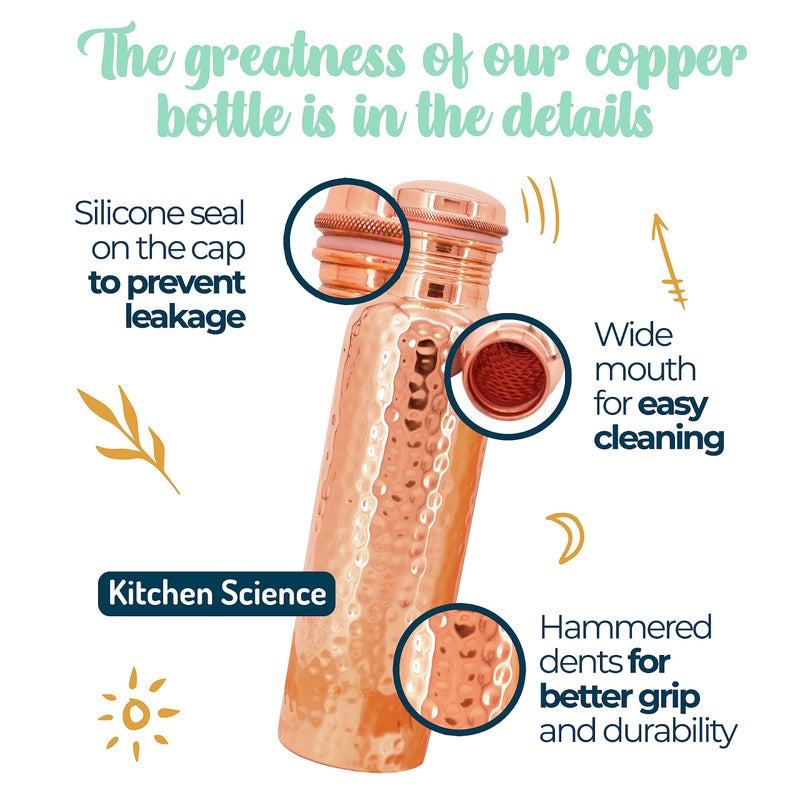 Kitchen Science Authentic Ayurvedic Copper Water Bottle (34oz/1000 ml) w/Copper Tumbler for Drinking Water, Carrying Bag & Deco Sleeve | Lab-Tested, Leak-Proof - Image 4