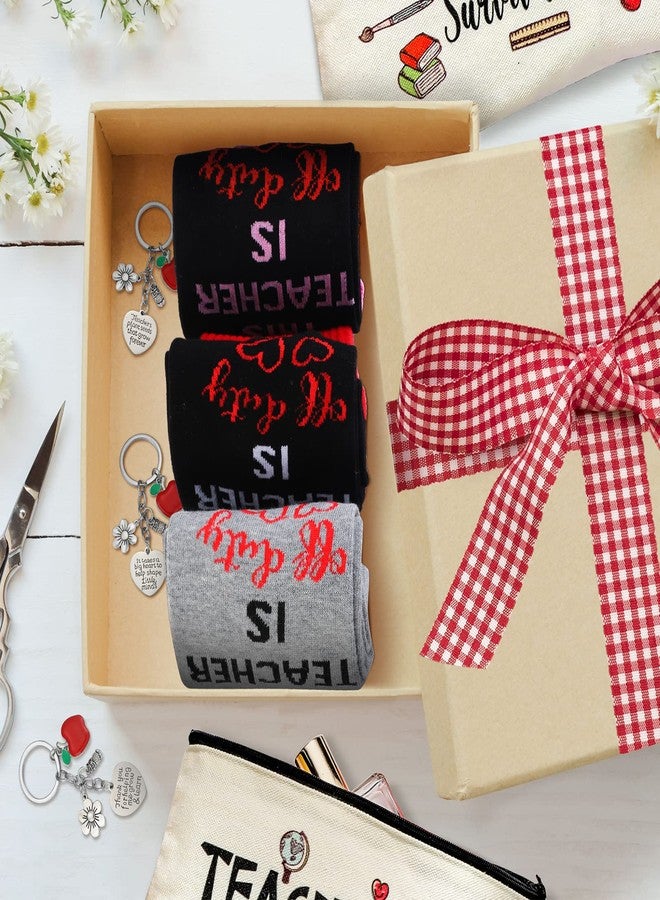 Sureio طقم هدايا تقدير المعلم 9 قطع Sureio، حقيبة طوارئ، جوارب وسلاسل مفاتيح لهدايا عيد ميلاد المعلم وعودة إلى المدرسة (نمط الزهور) - Image 4