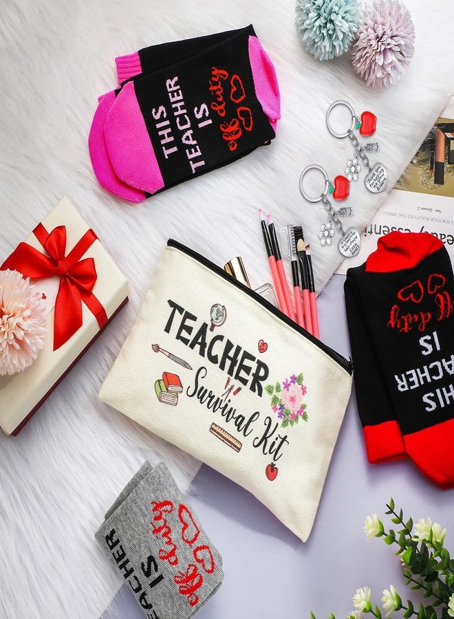 Sureio طقم هدايا تقدير المعلم 9 قطع Sureio، حقيبة طوارئ، جوارب وسلاسل مفاتيح لهدايا عيد ميلاد المعلم وعودة إلى المدرسة (نمط الزهور) - Image 3