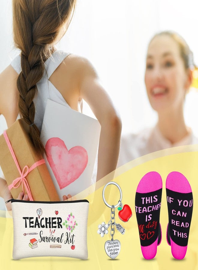 Sureio طقم هدايا تقدير المعلم 9 قطع Sureio، حقيبة طوارئ، جوارب وسلاسل مفاتيح لهدايا عيد ميلاد المعلم وعودة إلى المدرسة (نمط الزهور) - Image 5