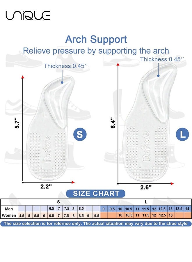 Unique 2 Pairs Arch Support Shoe Inserts for Plantar Fasciitis Relief, Self-Adhesive Arch Pads Heel Cushion for Flats, Heel Pain, Gel Arch Insoles for Men and Women (S+L, Transparent)  - Image 2