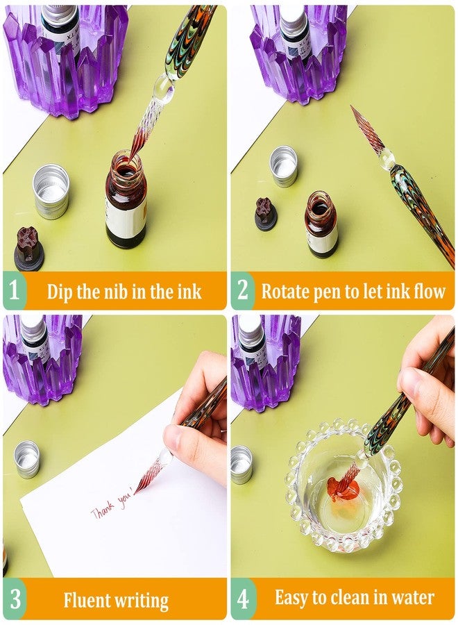 زنون قلم غمس زجاجي مصنوع يدويًا من زونون، 6 قطع، قلم توقيع من زجاج الكريستال، قلم خط زجاجي، قلم حبر غمس، قلم هدية من زجاج البوروسيليكات للكتابة والرسم والتوقيعات (لون عتيق، تصميم عصري) - Image 4