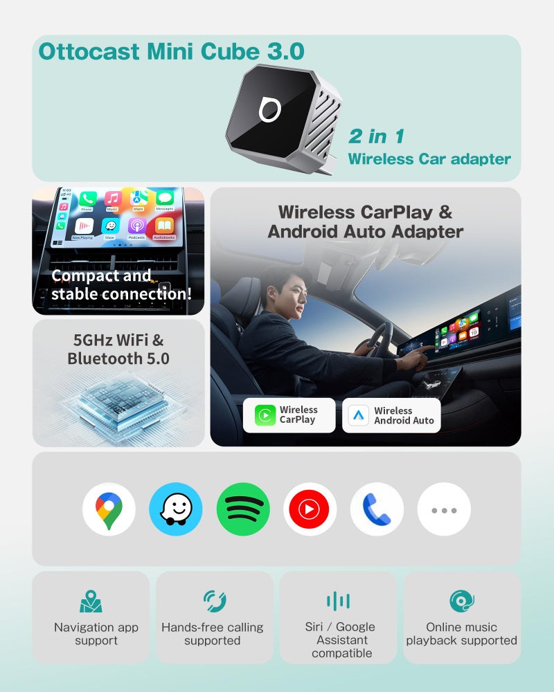 OTTOCAST Mini Cube 3.0 Wireless Carplay Adapter & Android Auto Wireless Adapter Silver (2-in-1) â€“ Plug & Play for iPhone & Samsung/Android Phones, Two Phones Memory, Auto-Reconnect, Stable 5GHz WiFi - Image 2