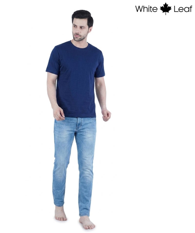 WHITE LEAF Men's Round Neck T-Shirt 1 Piece – 100% Combed Cotton Breathable Comfortable Casual Wear, Navy - Image 2
