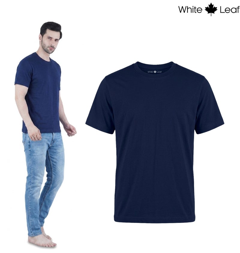 WHITE LEAF Men's Round Neck T-Shirt 1 Piece – 100% Combed Cotton Breathable Comfortable Casual Wear, Navy - Image 3