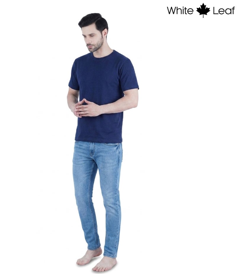 WHITE LEAF Men's Round Neck T-Shirt 1 Piece – 100% Combed Cotton Breathable Comfortable Casual Wear, Navy - Image 5