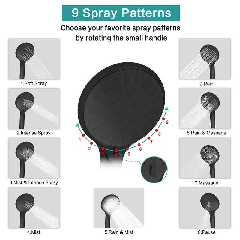Tudoccy Shower Head 10 High Pressure Rainfall Shower Head/Handheld Shower Combo With 11'' Extension Arm 9 Settings Anti-Leak Head With Holder Height/Angle Adjustable Chrome Matte Black - Image 4