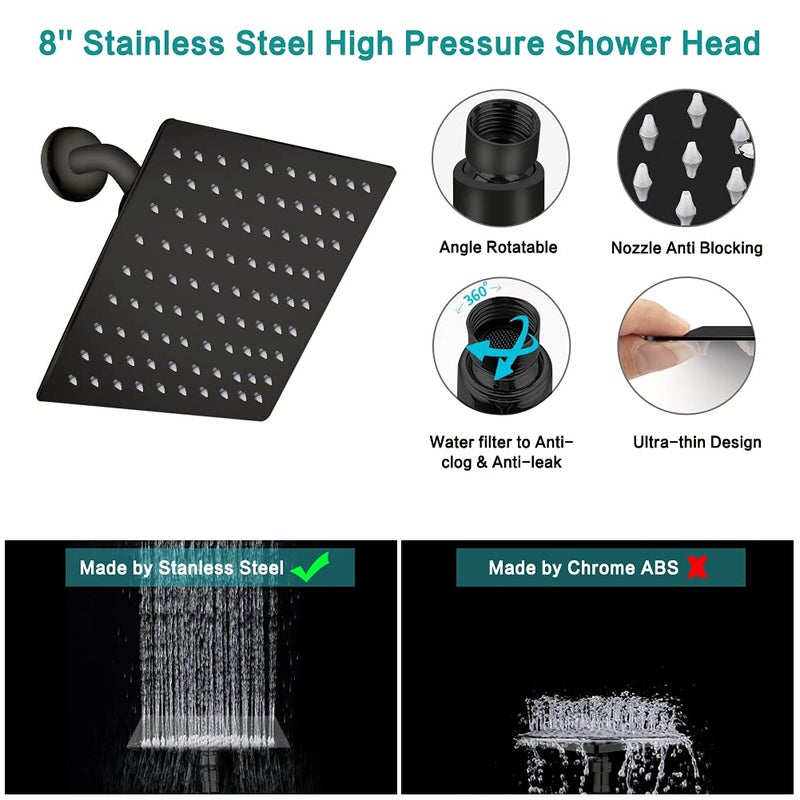 Tudoccy Shower Head 10 High Pressure Rainfall Shower Head/Handheld Shower Combo With 11'' Extension Arm 9 Settings Anti-Leak Head With Holder Height/Angle Adjustable Chrome Matte Black - Image 3