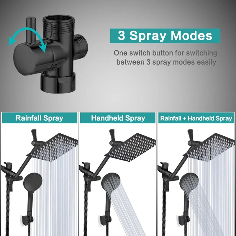 Tudoccy Shower Head 10 High Pressure Rainfall Shower Head/Handheld Shower Combo With 11'' Extension Arm 9 Settings Anti-Leak Head With Holder Height/Angle Adjustable Chrome Matte Black - Image 2