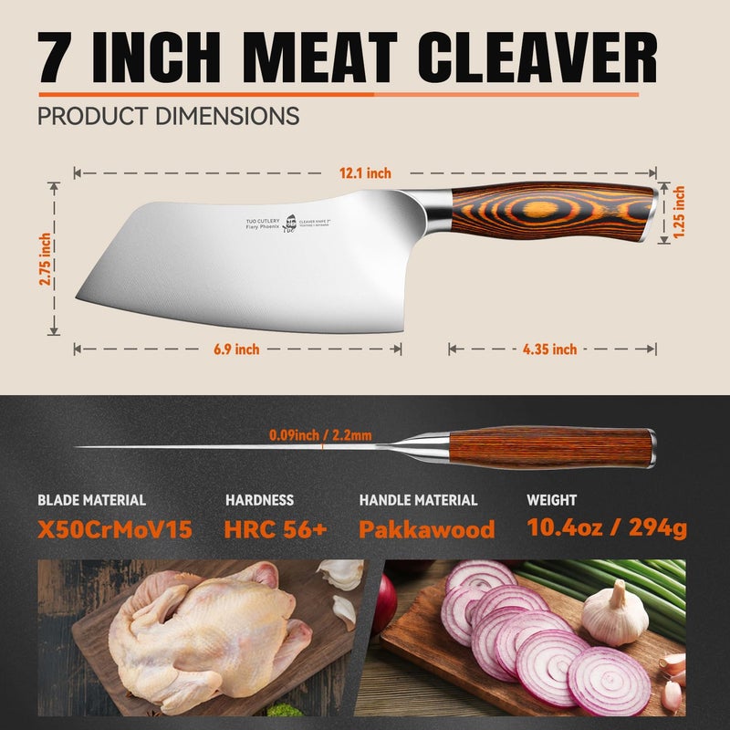 TUO Vegetable Cleaver Knife, Chinese Chef Knife 7 inch Meat Cleaver with Pakkawood Handle, Stainless Steel Butcher Chopper for Home Kitchen - Fiery Phoenix Series - Image 3