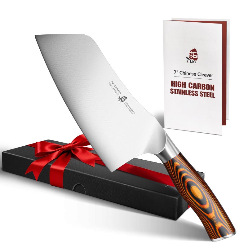 TUO Vegetable Cleaver Knife, Chinese Chef Knife 7 inch Meat Cleaver with Pakkawood Handle, Stainless Steel Butcher Chopper for Home Kitchen - Fiery Phoenix Series - Image 1