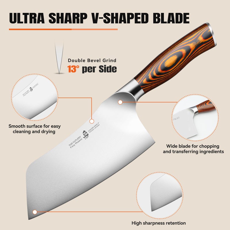 TUO Vegetable Cleaver Knife, Chinese Chef Knife 7 inch Meat Cleaver with Pakkawood Handle, Stainless Steel Butcher Chopper for Home Kitchen - Fiery Phoenix Series - Image 5