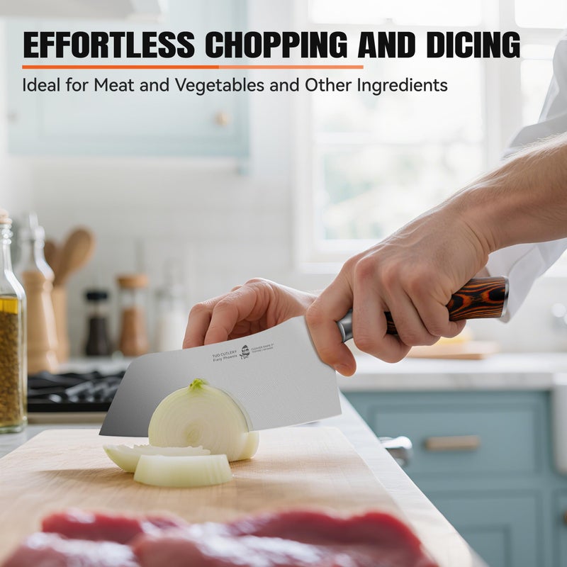 TUO Vegetable Cleaver Knife, Chinese Chef Knife 7 inch Meat Cleaver with Pakkawood Handle, Stainless Steel Butcher Chopper for Home Kitchen - Fiery Phoenix Series - Image 4