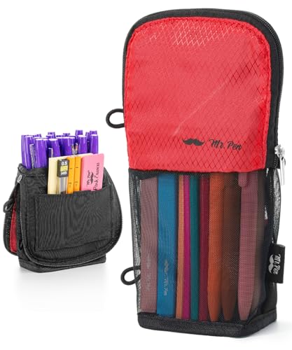 Mr. Pen- Standing Pencil Case Pouch, Sit & Lay Mesh-View Design, Black & Red, Interior Pocket & 2 Elastic Binder Loops, Cute Pencil Case for Girls and Boys - Image 1