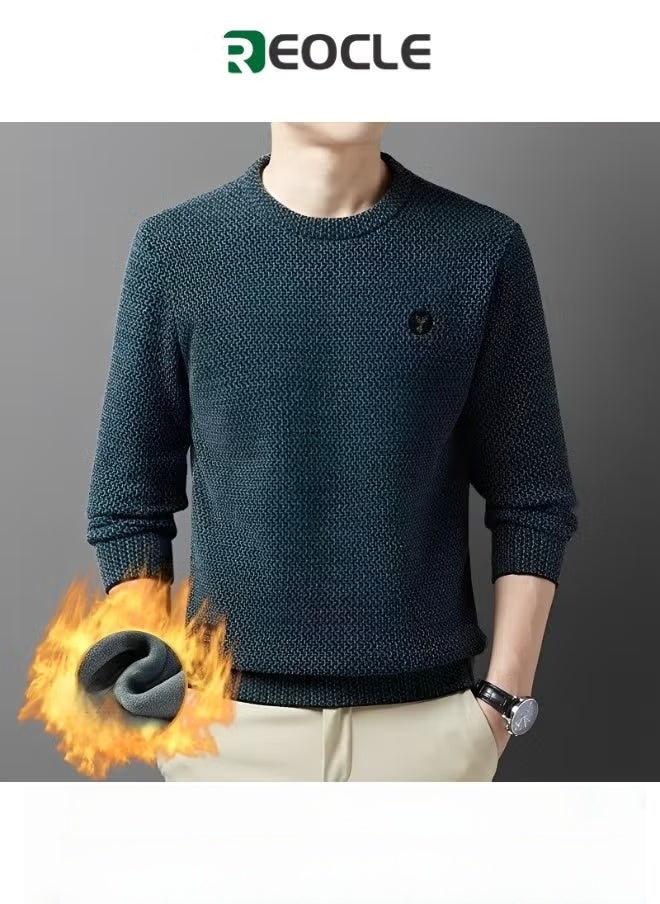 REOCLE Men's Fleece Thick Knitted Shirt Winter Long Sleeve Crewneck Sweatshirt Thermal Top Anti-Static Workout Base Layer - Image 1
