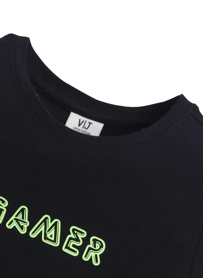victor and jane Junior Boys Black 'GAMER' Printed T-Shirt (2-9Y)