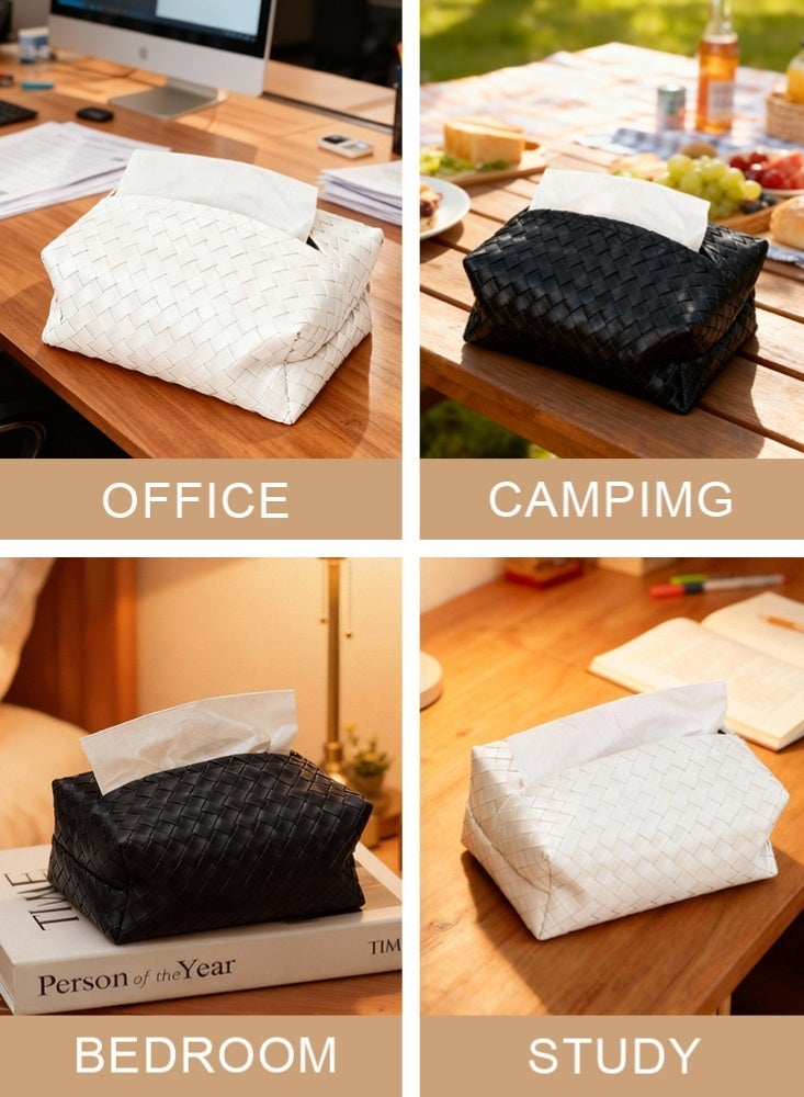 FLUXHOM Tissue Box Faux Pu Leather Woven Facial Box Covers Holder Tray Organizer for House Tabletop Office Car Bathroom Decorative（Black+White) - Image 5