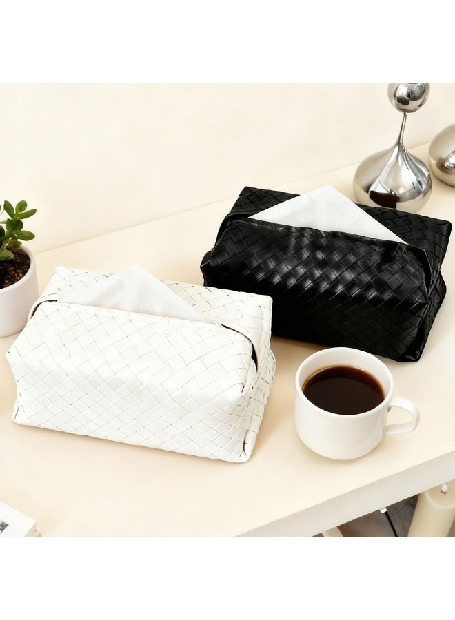 FLUXHOM Tissue Box Faux Pu Leather Woven Facial Box Covers Holder Tray Organizer for House Tabletop Office Car Bathroom Decorative（Black+White) - Image 3