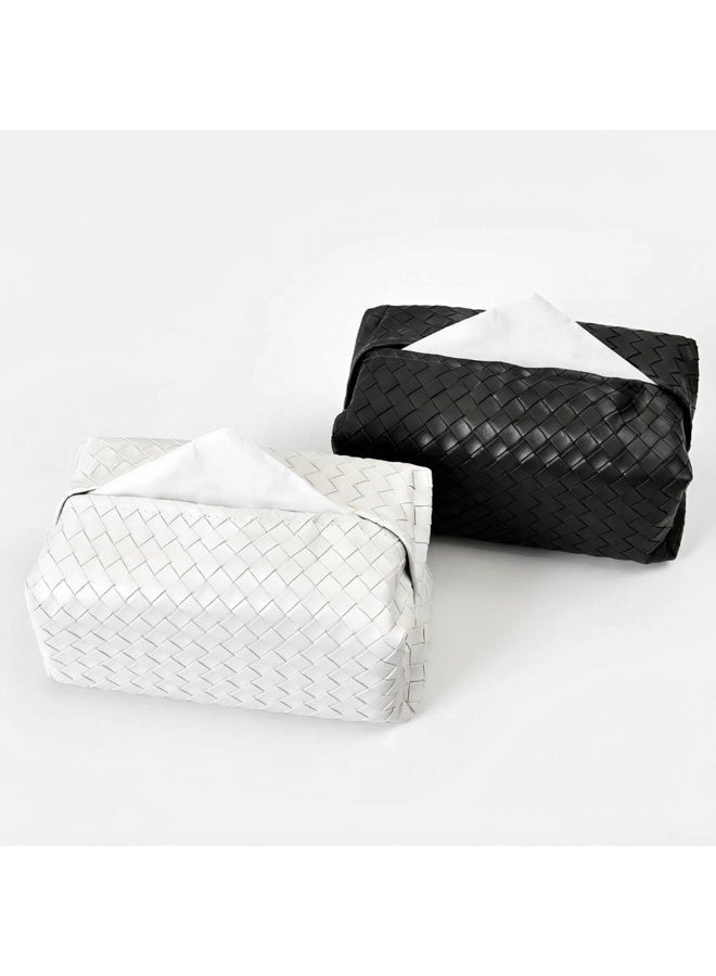 FLUXHOM Tissue Box Faux Pu Leather Woven Facial Box Covers Holder Tray Organizer for House Tabletop Office Car Bathroom Decorative（Black+White) - Image 1