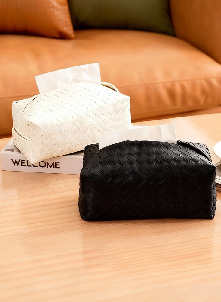 FLUXHOM Tissue Box Faux Pu Leather Woven Facial Box Covers Holder Tray Organizer for House Tabletop Office Car Bathroom Decorative（Black+White) - Image 4