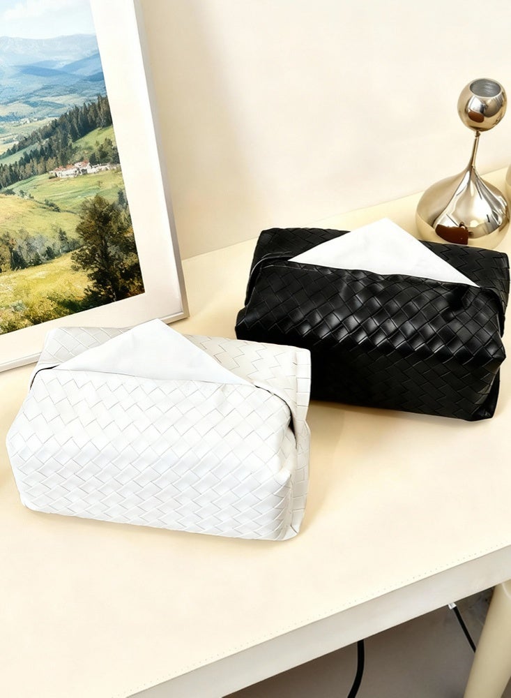 FLUXHOM Tissue Box Faux Pu Leather Woven Facial Box Covers Holder Tray Organizer for House Tabletop Office Car Bathroom Decorative（Black+White) - Image 2