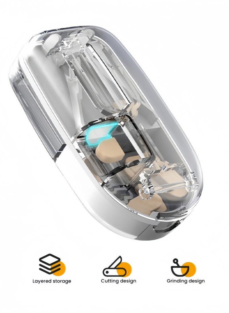 Portable pill box, pill cutter for small and large pills, pill box with grinding function, storage function and separate medicine outlet, suitable for daily use and travel (transparent color) - Image 1
