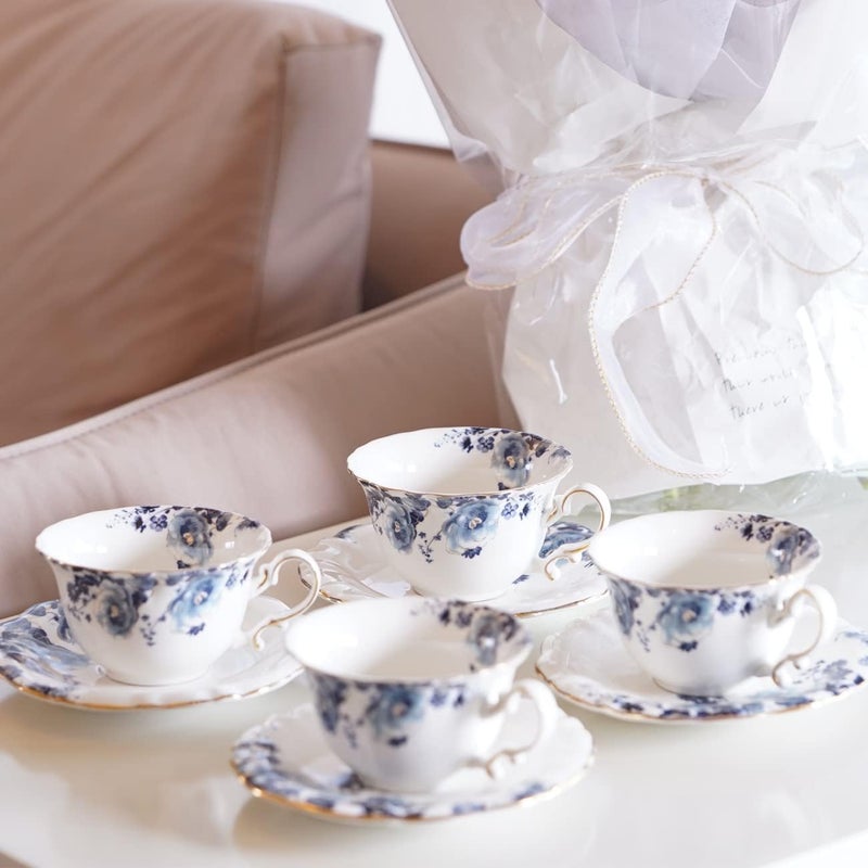 Jomop Ceramic Tea Cups Coffee Cup and Saucers Set of 4 (Blue and White) - Image 3