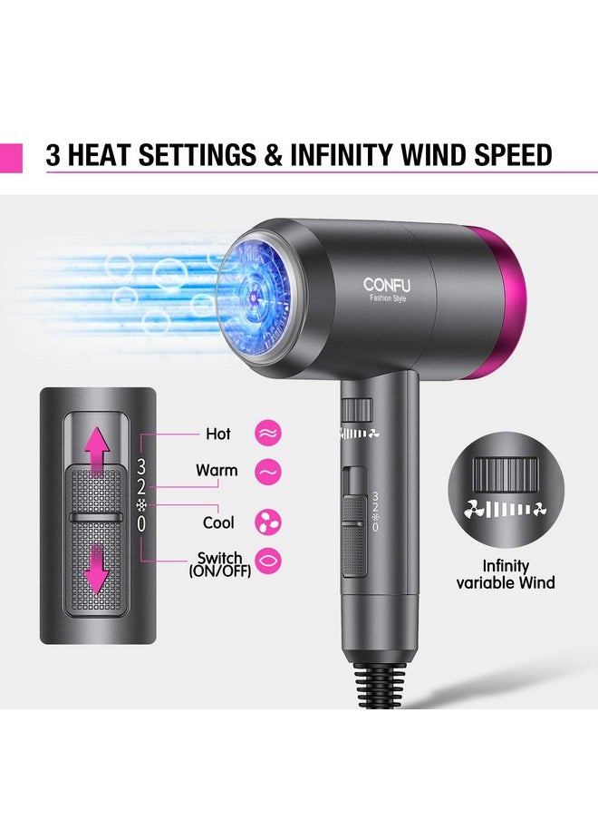 CONFU - Ionic Blow Dryer 1600W, Portable Lightweight Fast Drying Negative Ion Hairdryer Blowdryer, 3 Heat Settings & Infinity Speed, With Diffuser And Concentrator Nozzle For Home & Travel - Image 1