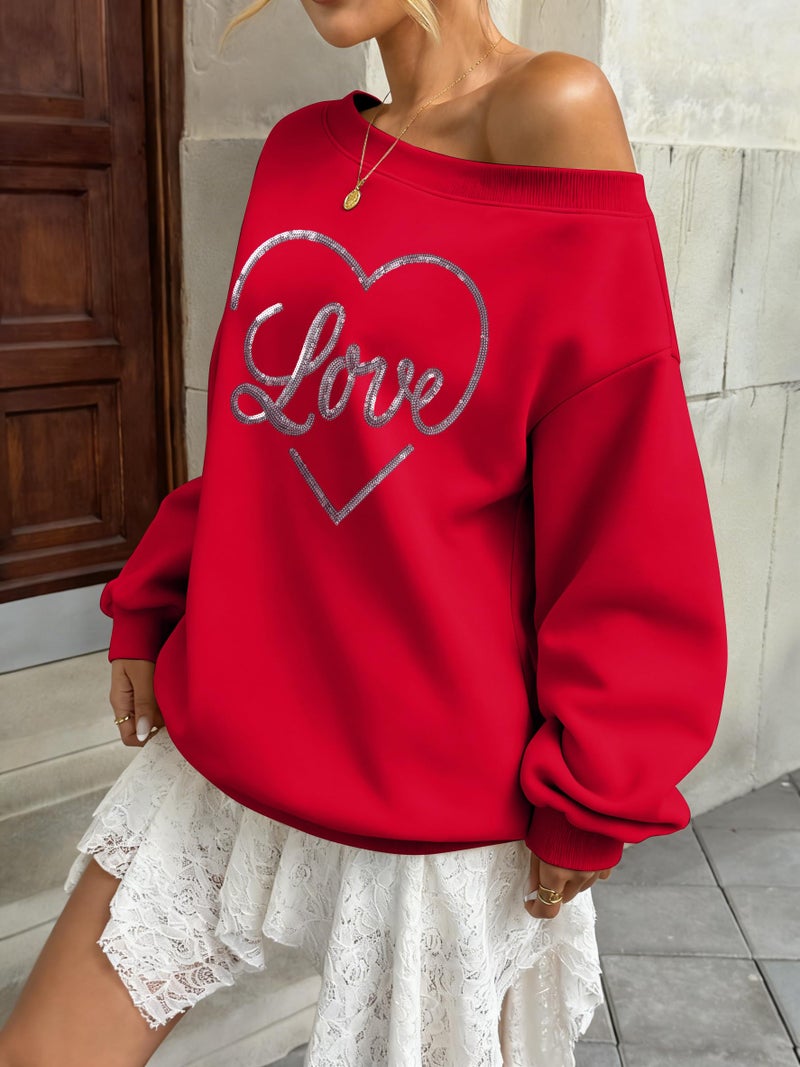 BANGELY Valentines Off Shoulder Sweatshirt Women Love Heart Long Sleeve Shirt Casual Oversized Sweatshirts Fashion Sequin Top Red - Image 5