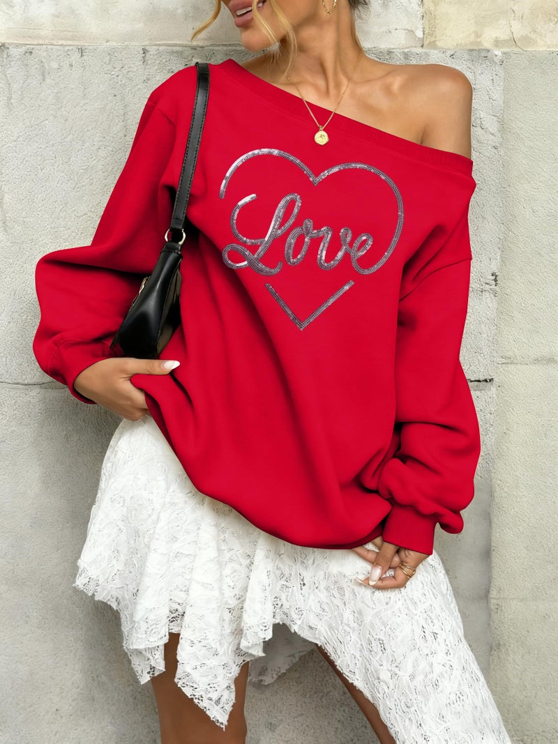 BANGELY Valentines Off Shoulder Sweatshirt Women Love Heart Long Sleeve Shirt Casual Oversized Sweatshirts Fashion Sequin Top Red - Image 4