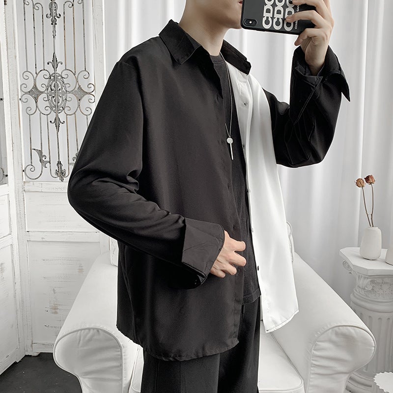 Japanese Style Contrast Long Sleeve Shirt Mens Spring and Autumn Korean Style Fashionable Street Hip-Hop Loose Casual Black and White Shirt Cardigan White - Image 5