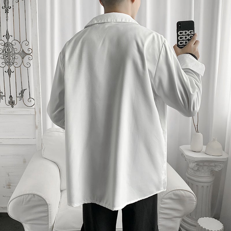Japanese Style Contrast Long Sleeve Shirt Mens Spring and Autumn Korean Style Fashionable Street Hip-Hop Loose Casual Black and White Shirt Cardigan White - Image 4