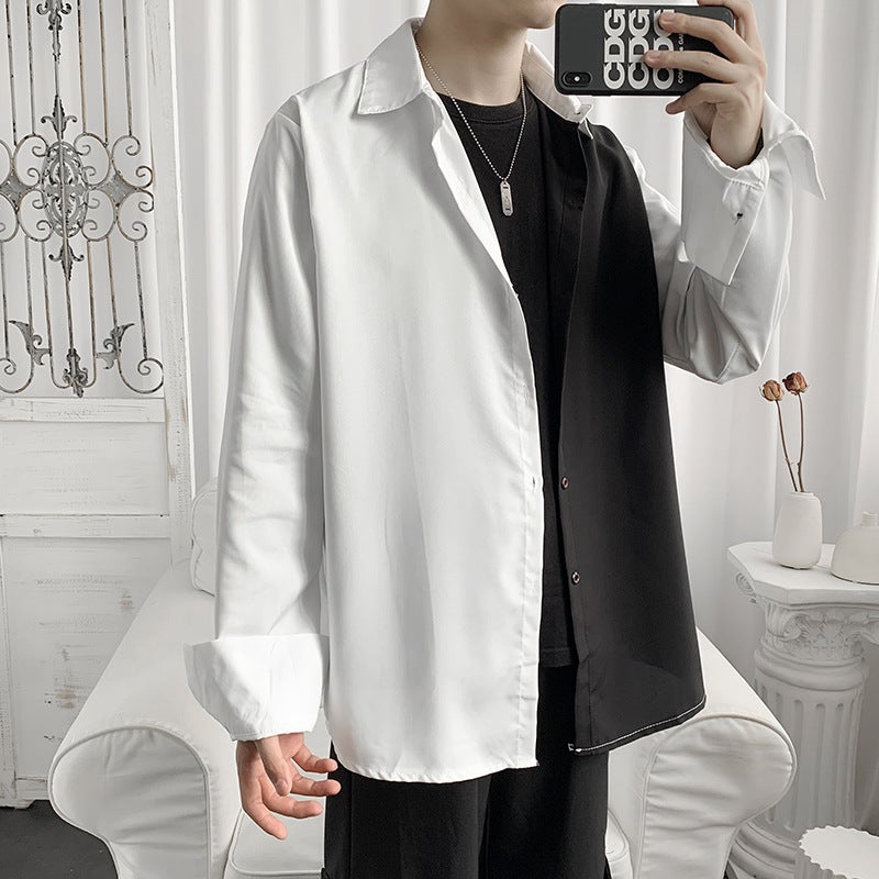 Japanese Style Contrast Long Sleeve Shirt Mens Spring and Autumn Korean Style Fashionable Street Hip-Hop Loose Casual Black and White Shirt Cardigan White - Image 3