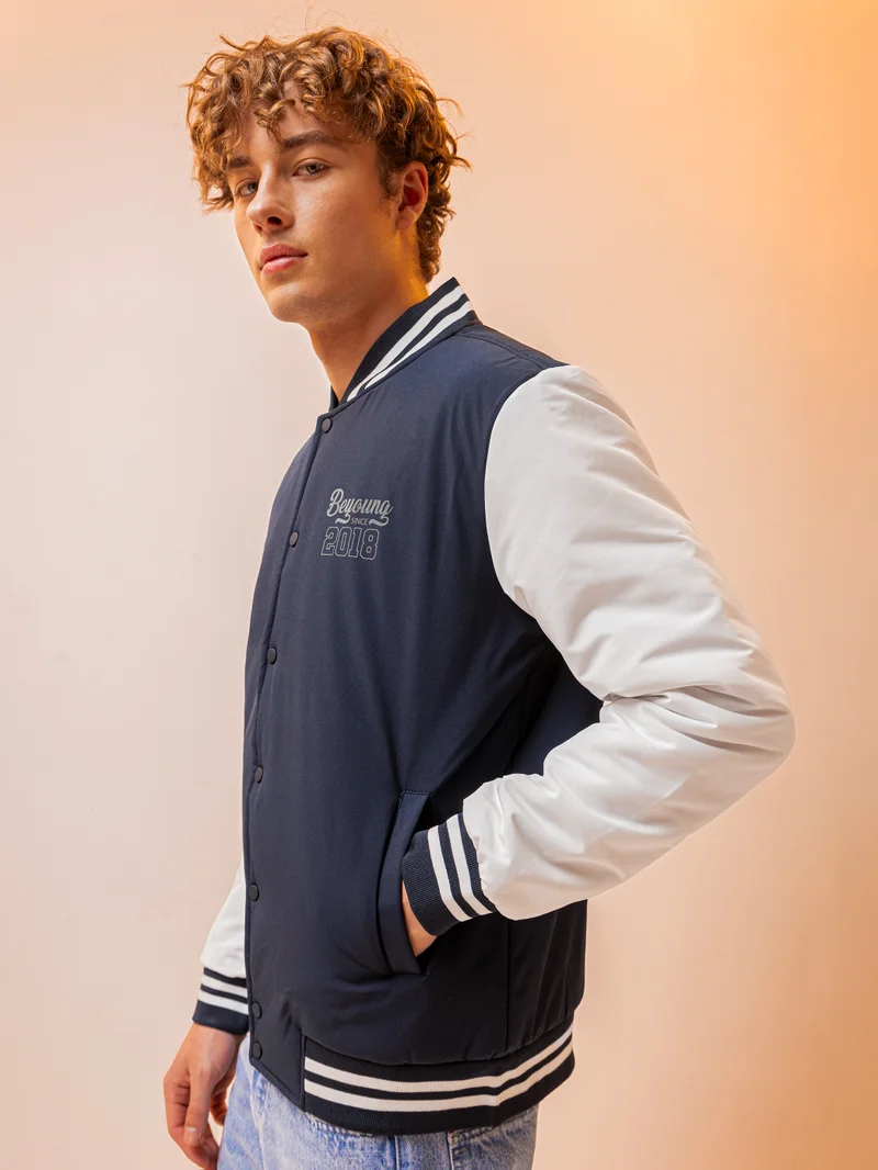 Beyoung Navy Blue Solid Varsity Jacket for Men